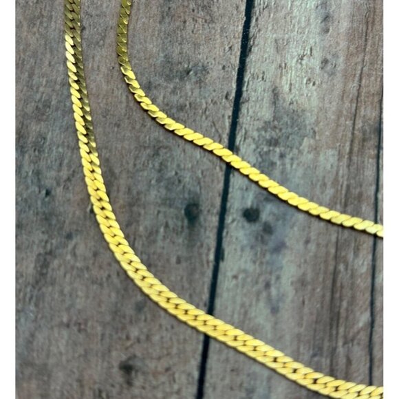 Gold Tone Herringbone Double Strand Chain Necklace Convertible 2 Chains 17" 21" - Picture 3 of 12
